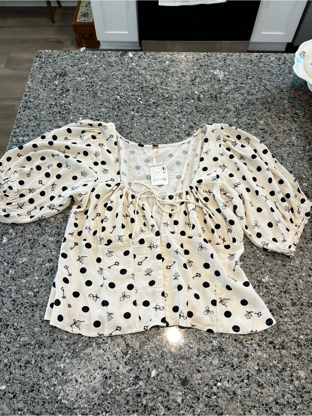 Free People Cream Puff-Sleeve Polka Dot Tie-Front Top